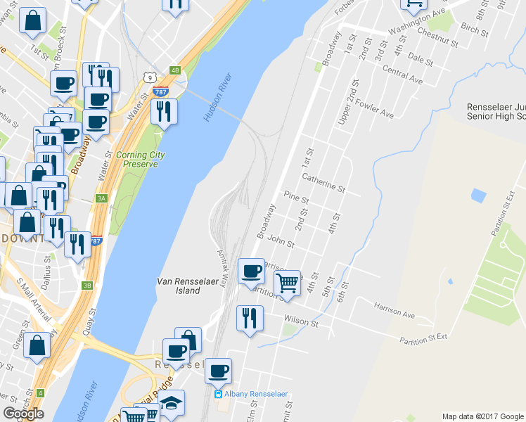 map of restaurants, bars, coffee shops, grocery stores, and more near 1059 Broadway in Rensselaer