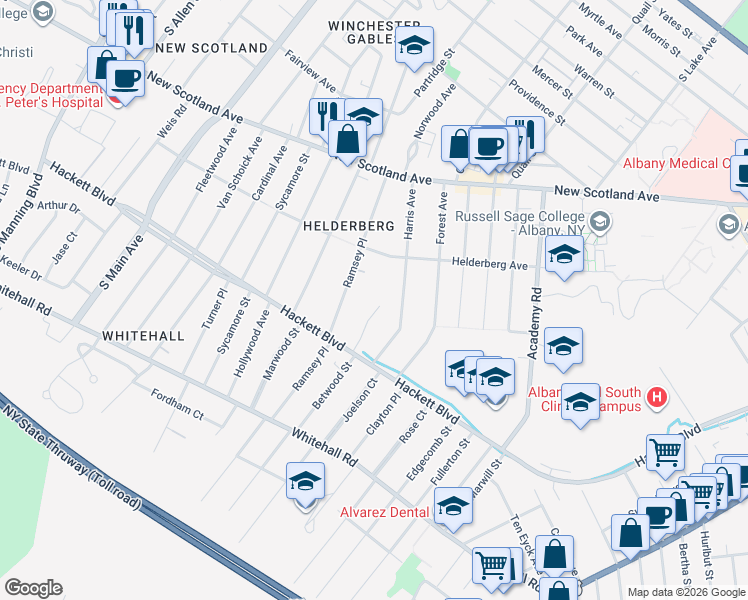 map of restaurants, bars, coffee shops, grocery stores, and more near 17 Prospect Terrace in Albany