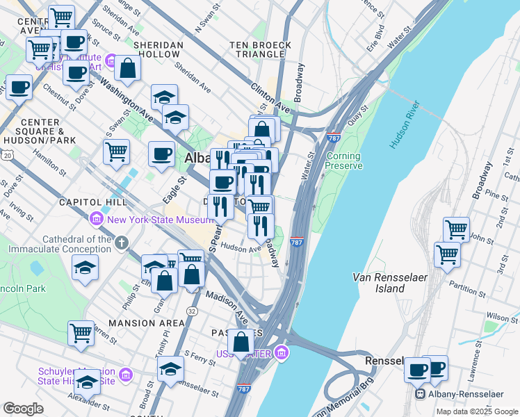 map of restaurants, bars, coffee shops, grocery stores, and more near 445 Broadway in Albany