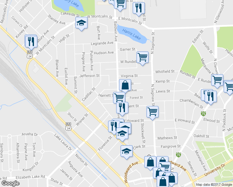 map of restaurants, bars, coffee shops, grocery stores, and more near 14 Harriett Street in Pontiac