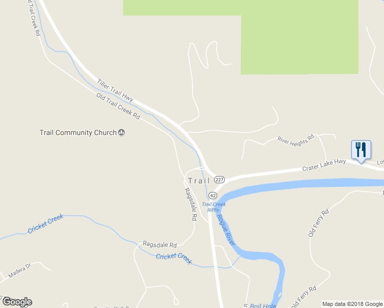 map of restaurants, bars, coffee shops, grocery stores, and more near 171 Old Highway 62 in Trail