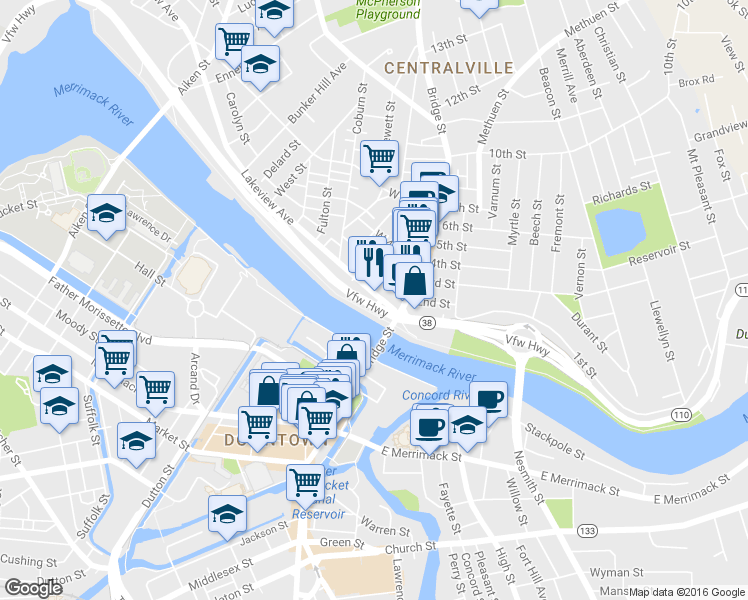 map of restaurants, bars, coffee shops, grocery stores, and more near 62 Lakeview Avenue in Lowell
