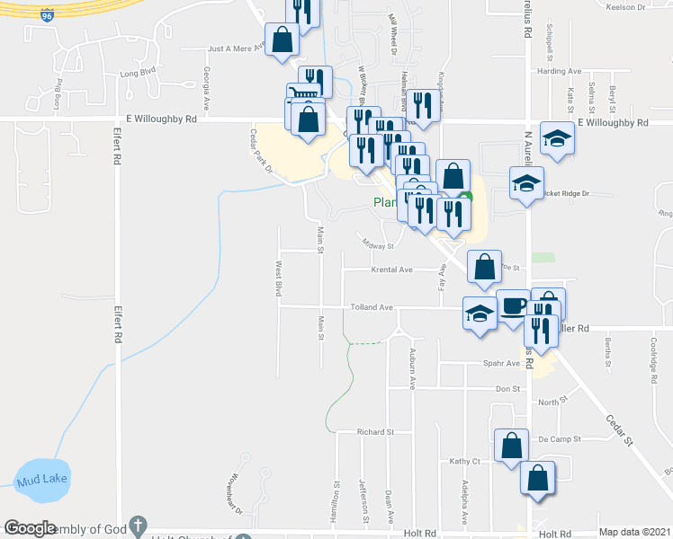 map of restaurants, bars, coffee shops, grocery stores, and more near 2323 Wemple Street in Delhi charter Township