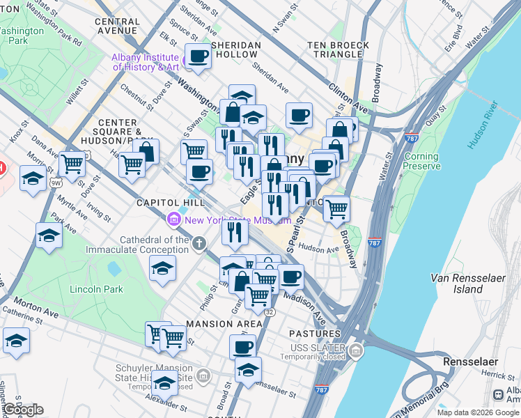 map of restaurants, bars, coffee shops, grocery stores, and more near 9 Wendell Street in Rensselaer