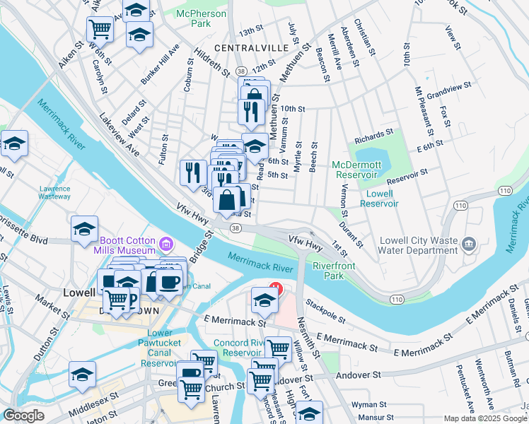 map of restaurants, bars, coffee shops, grocery stores, and more near 73 3rd Street in Lowell
