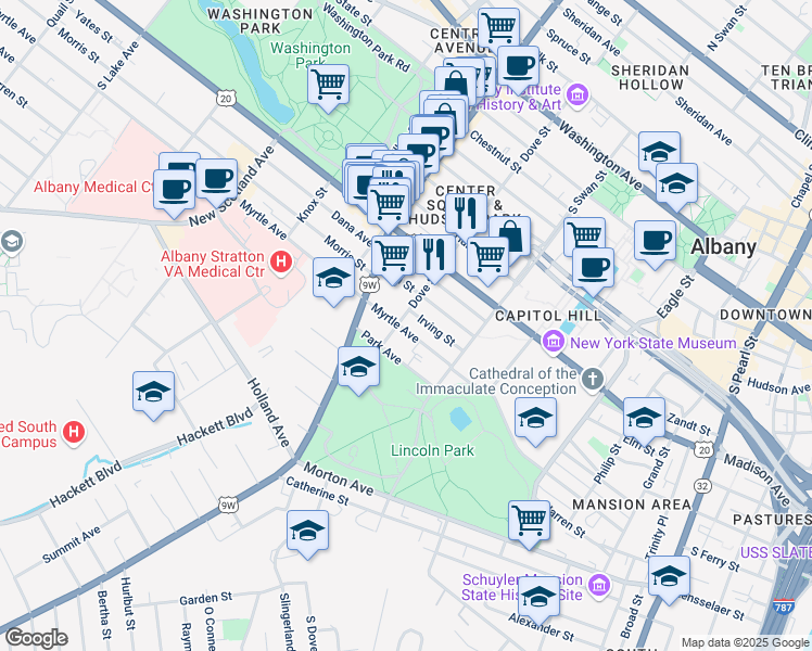 map of restaurants, bars, coffee shops, grocery stores, and more near 146 Dove Street in Albany