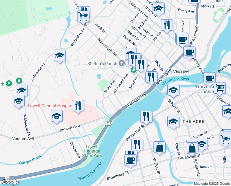 map of restaurants, bars, coffee shops, grocery stores, and more near 104 Woodward Avenue in Lowell