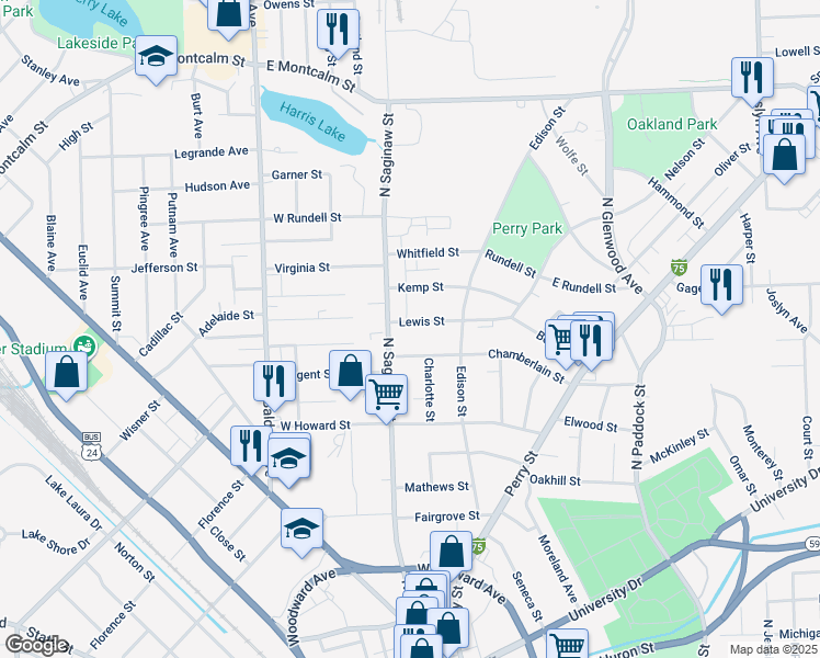 map of restaurants, bars, coffee shops, grocery stores, and more near 20 Lewis Street in Pontiac