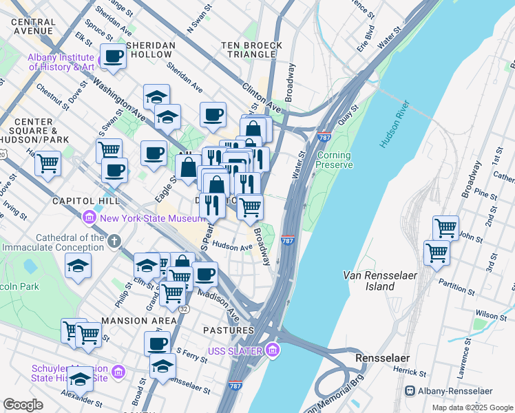 map of restaurants, bars, coffee shops, grocery stores, and more near 428 Broadway in Albany