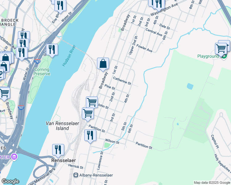 map of restaurants, bars, coffee shops, grocery stores, and more near 1128 2nd Street in Rensselaer