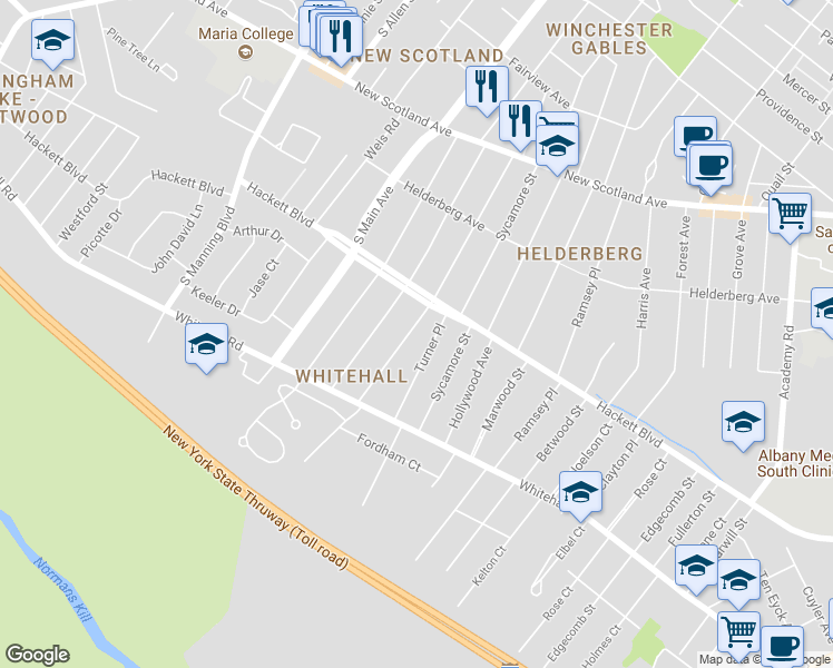 map of restaurants, bars, coffee shops, grocery stores, and more near 105 Cardinal Avenue in Albany