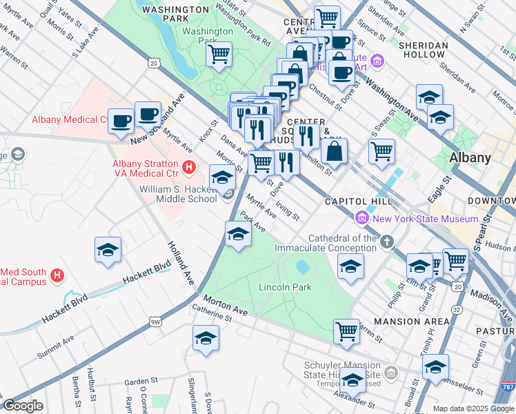 map of restaurants, bars, coffee shops, grocery stores, and more near 149 Dove Street in Albany