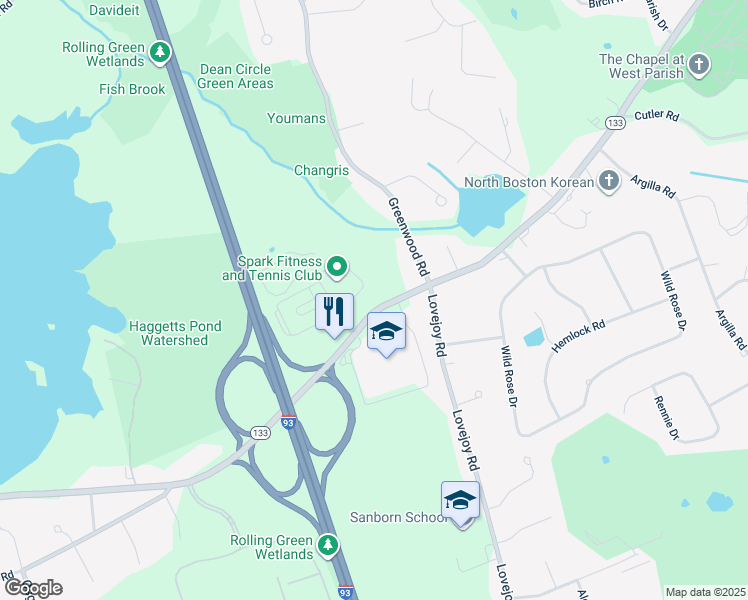 map of restaurants, bars, coffee shops, grocery stores, and more near 305 Lowell Street in Andover