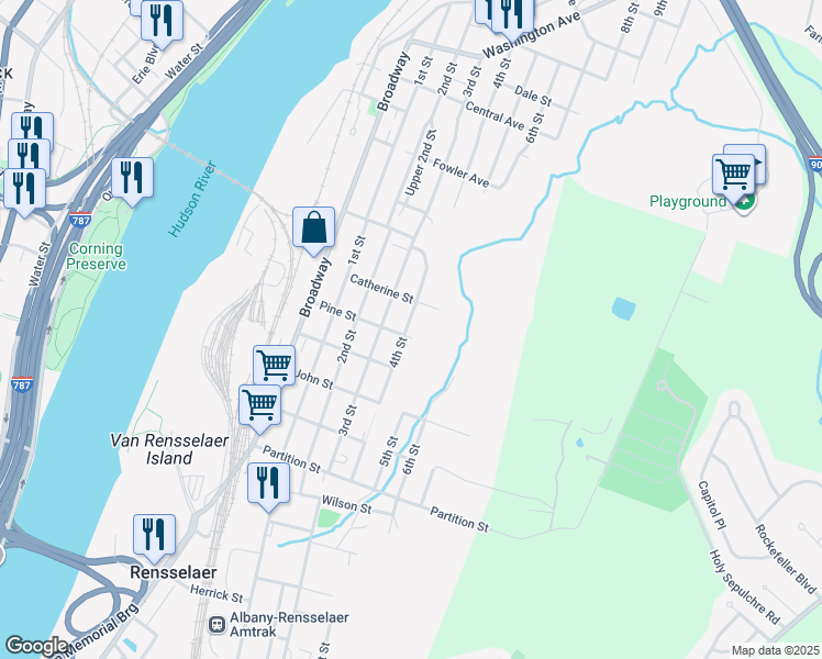 map of restaurants, bars, coffee shops, grocery stores, and more near 57 Pine Street in Rensselaer