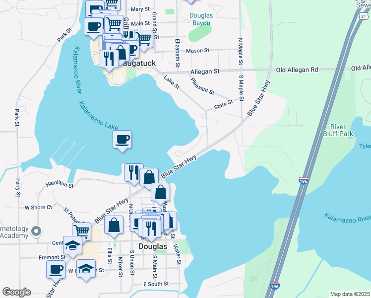 map of restaurants, bars, coffee shops, grocery stores, and more near 983 Lake Street in Saugatuck