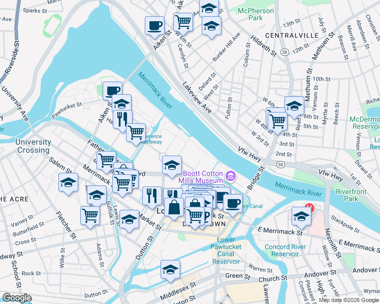 map of restaurants, bars, coffee shops, grocery stores, and more near 3 River Place in Lowell