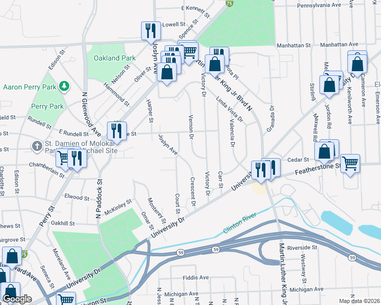 map of restaurants, bars, coffee shops, grocery stores, and more near 117 Vernon Drive in Pontiac