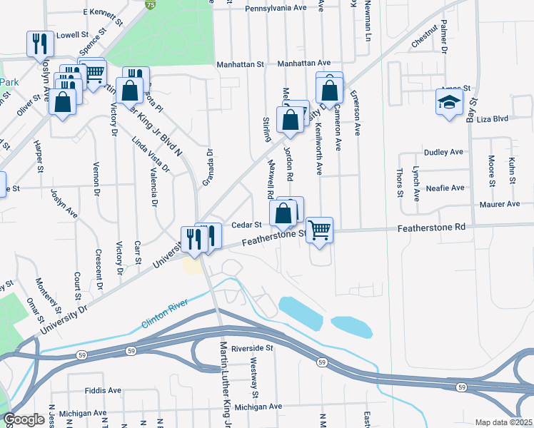map of restaurants, bars, coffee shops, grocery stores, and more near 409 Maxwell Road in Pontiac
