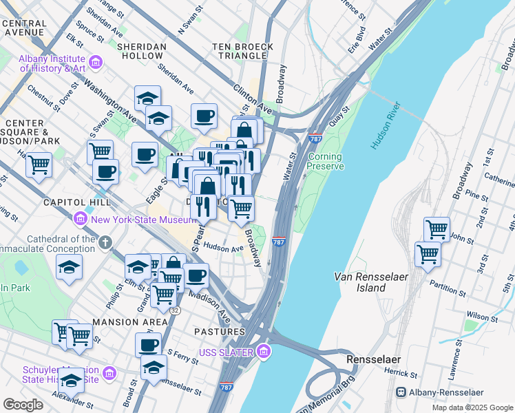 map of restaurants, bars, coffee shops, grocery stores, and more near 445 Broadway in Albany