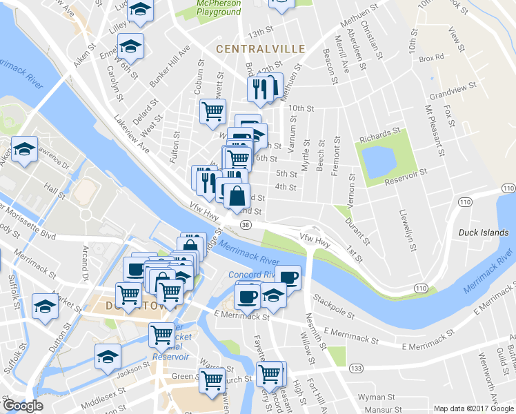 map of restaurants, bars, coffee shops, grocery stores, and more near 40 2nd Street in Lowell