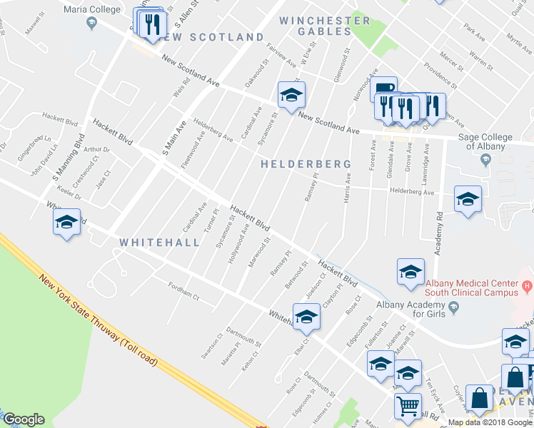 map of restaurants, bars, coffee shops, grocery stores, and more near 93 Pinewood Avenue in Albany