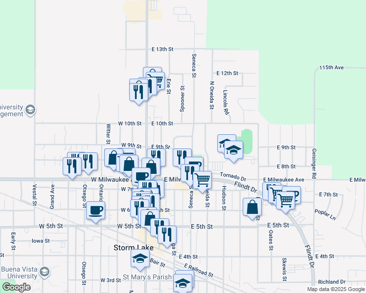 map of restaurants, bars, coffee shops, grocery stores, and more near 311 East 9th Street in Storm Lake