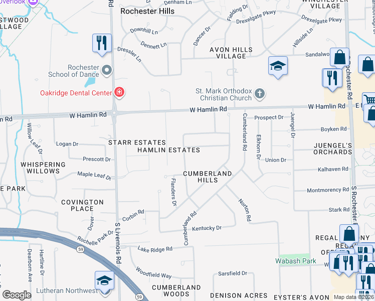 map of restaurants, bars, coffee shops, grocery stores, and more near 2167 Warrington Road in Rochester Hills