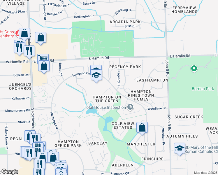map of restaurants, bars, coffee shops, grocery stores, and more near 504 Tennyson in Rochester Hills