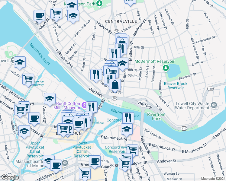 map of restaurants, bars, coffee shops, grocery stores, and more near 18 1st Street in Lowell