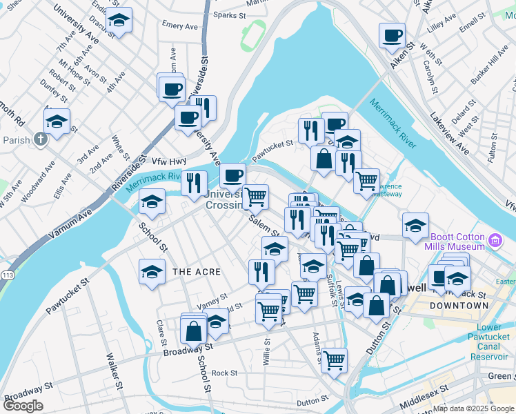 map of restaurants, bars, coffee shops, grocery stores, and more near 790 Merrimack Street in Lowell