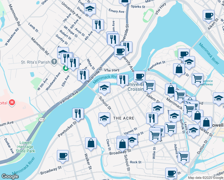 map of restaurants, bars, coffee shops, grocery stores, and more near 333 Pawtucket Street in Lowell