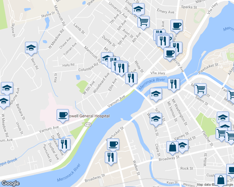 map of restaurants, bars, coffee shops, grocery stores, and more near 71 Varnum Avenue in Lowell