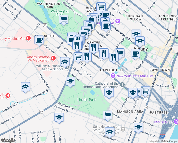 map of restaurants, bars, coffee shops, grocery stores, and more near 208 Elm Street in Albany