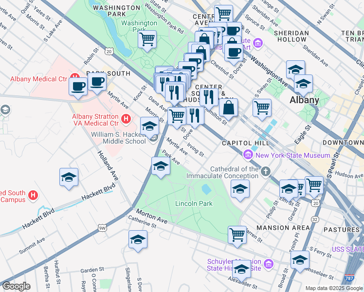 map of restaurants, bars, coffee shops, grocery stores, and more near 146 Dove Street in Albany