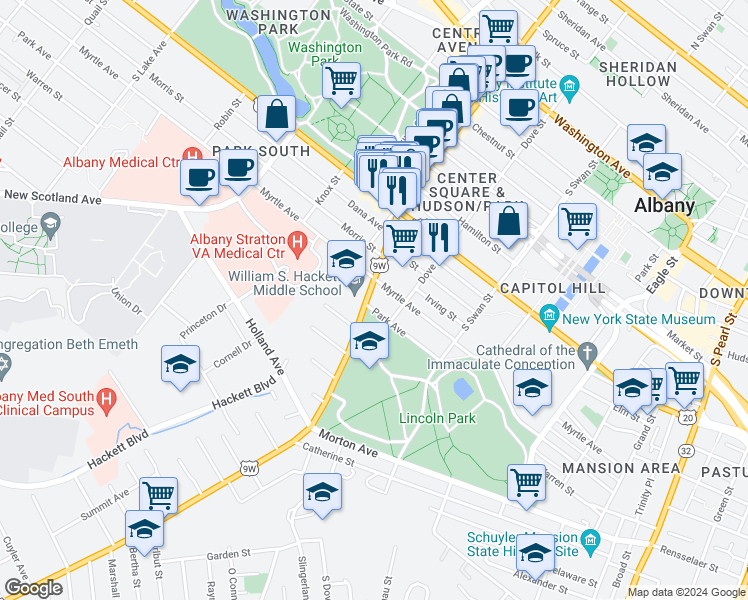 map of restaurants, bars, coffee shops, grocery stores, and more near 56 Delaware Avenue in Albany