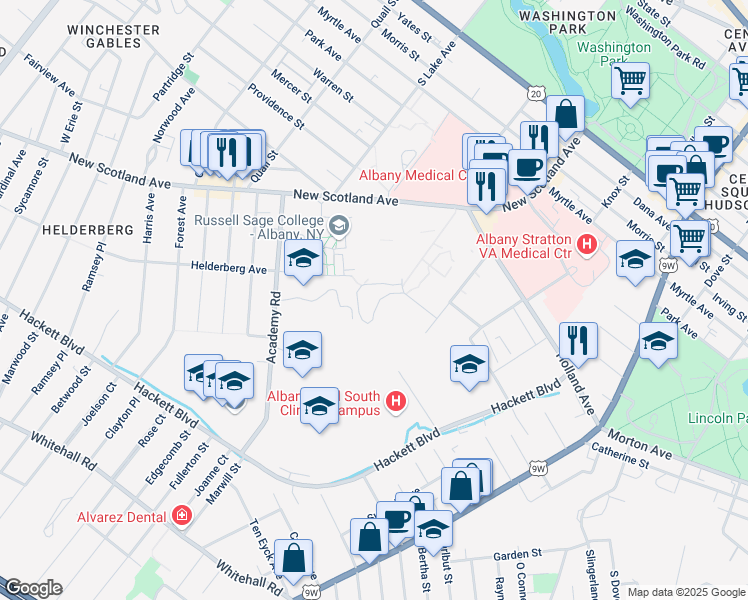 map of restaurants, bars, coffee shops, grocery stores, and more near 100 Union Drive in Albany