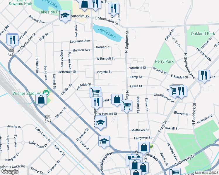 map of restaurants, bars, coffee shops, grocery stores, and more near 53 Poplar Avenue in Pontiac