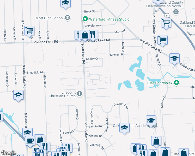 map of restaurants, bars, coffee shops, grocery stores, and more near 2928 Cottonwood Drive in Waterford Township