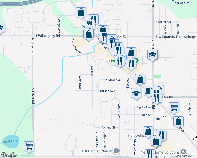 map of restaurants, bars, coffee shops, grocery stores, and more near 2323 Wemple Street in Delhi charter Township