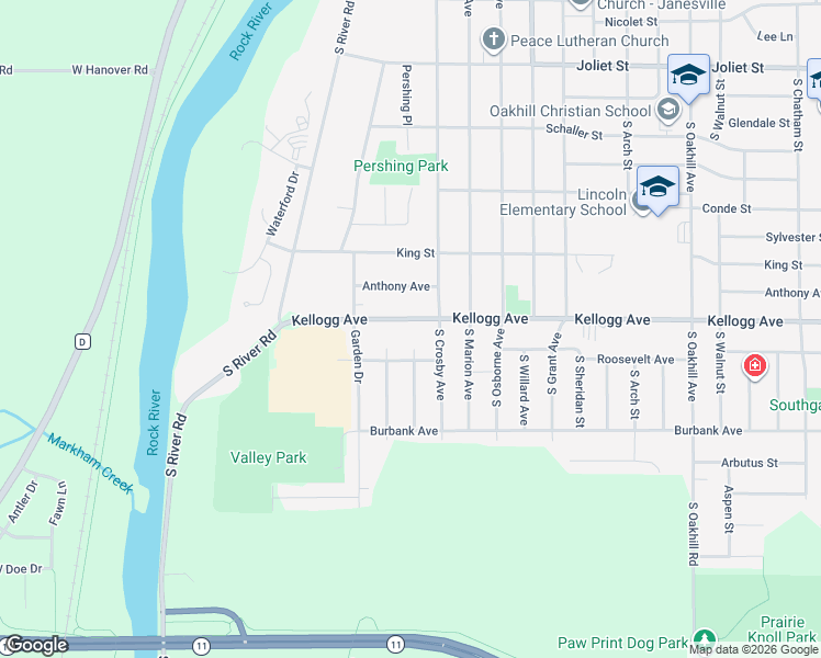 map of restaurants, bars, coffee shops, grocery stores, and more near 2623 Kellogg Avenue in Janesville