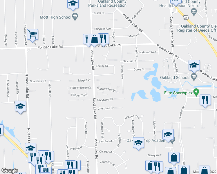 map of restaurants, bars, coffee shops, grocery stores, and more near 2928 Cottonwood Drive in Waterford Township