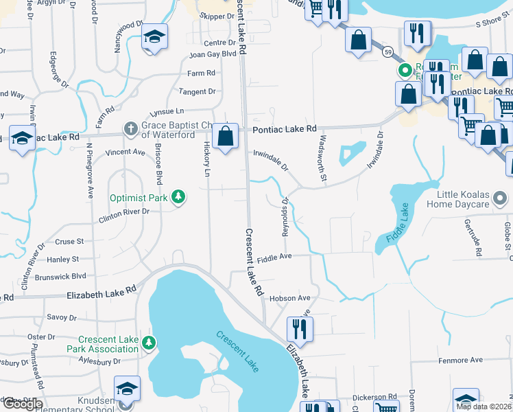 map of restaurants, bars, coffee shops, grocery stores, and more near 760 Crescent Lake Road in Oakland County