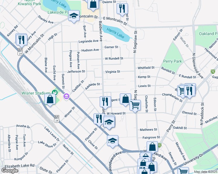 map of restaurants, bars, coffee shops, grocery stores, and more near 101 Poplar Avenue in Pontiac