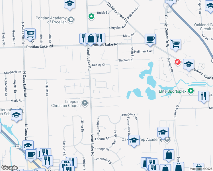 map of restaurants, bars, coffee shops, grocery stores, and more near 781 Amberly Drive in Waterford Township