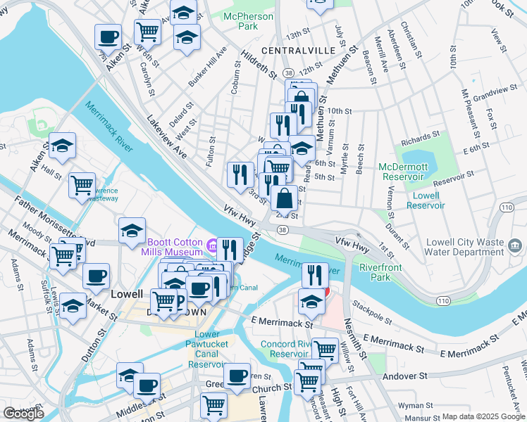 map of restaurants, bars, coffee shops, grocery stores, and more near 18 1st Street in Lowell