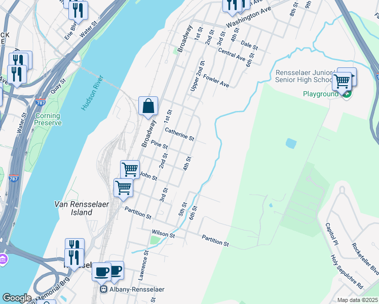 map of restaurants, bars, coffee shops, grocery stores, and more near 57 Pine Street in Rensselaer