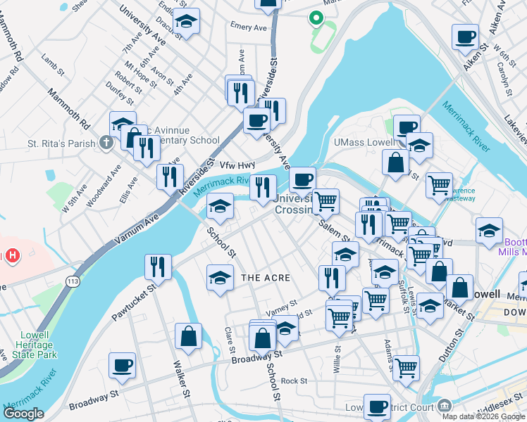 map of restaurants, bars, coffee shops, grocery stores, and more near 277 Pawtucket Street in Lowell