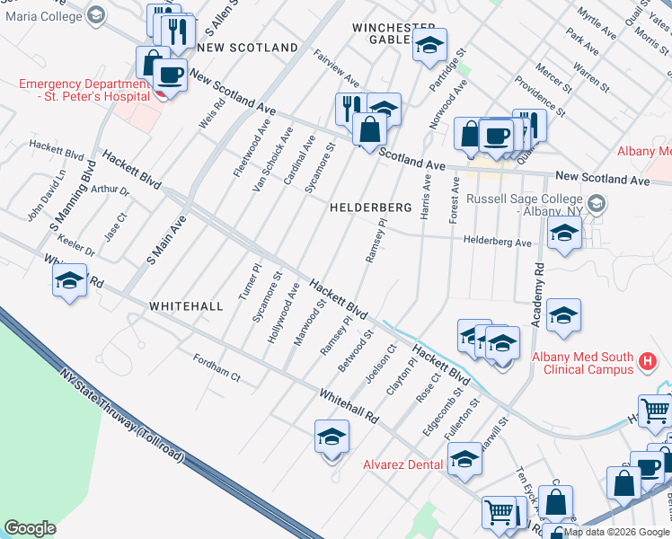 map of restaurants, bars, coffee shops, grocery stores, and more near 84 Pinewood Avenue in Albany