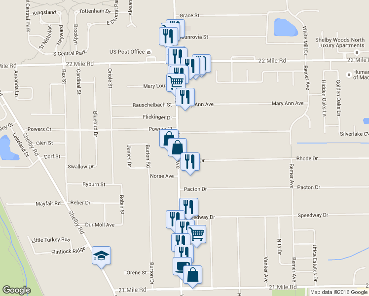 map of restaurants, bars, coffee shops, grocery stores, and more near 48188 Van Dyke Avenue in Shelby charter Township