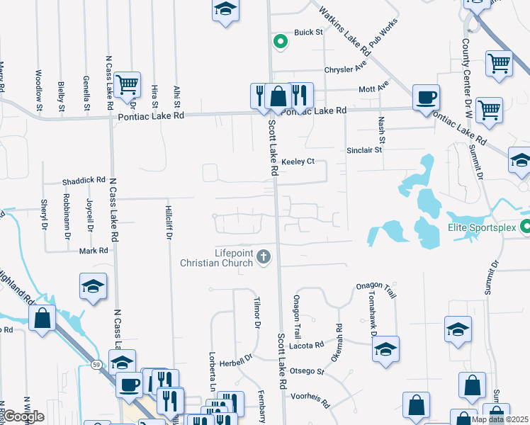 map of restaurants, bars, coffee shops, grocery stores, and more near 3141 Hidden Ridge Drive in Waterford Township